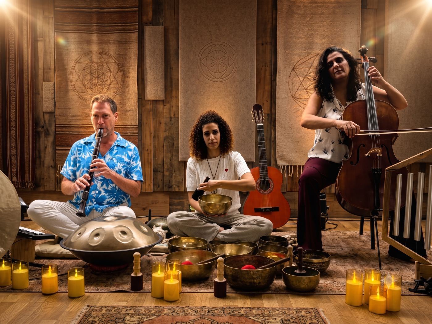 The RE:SET Ensemble performing &mdash; flute, singing bowls and cello, surrounded by candlelight