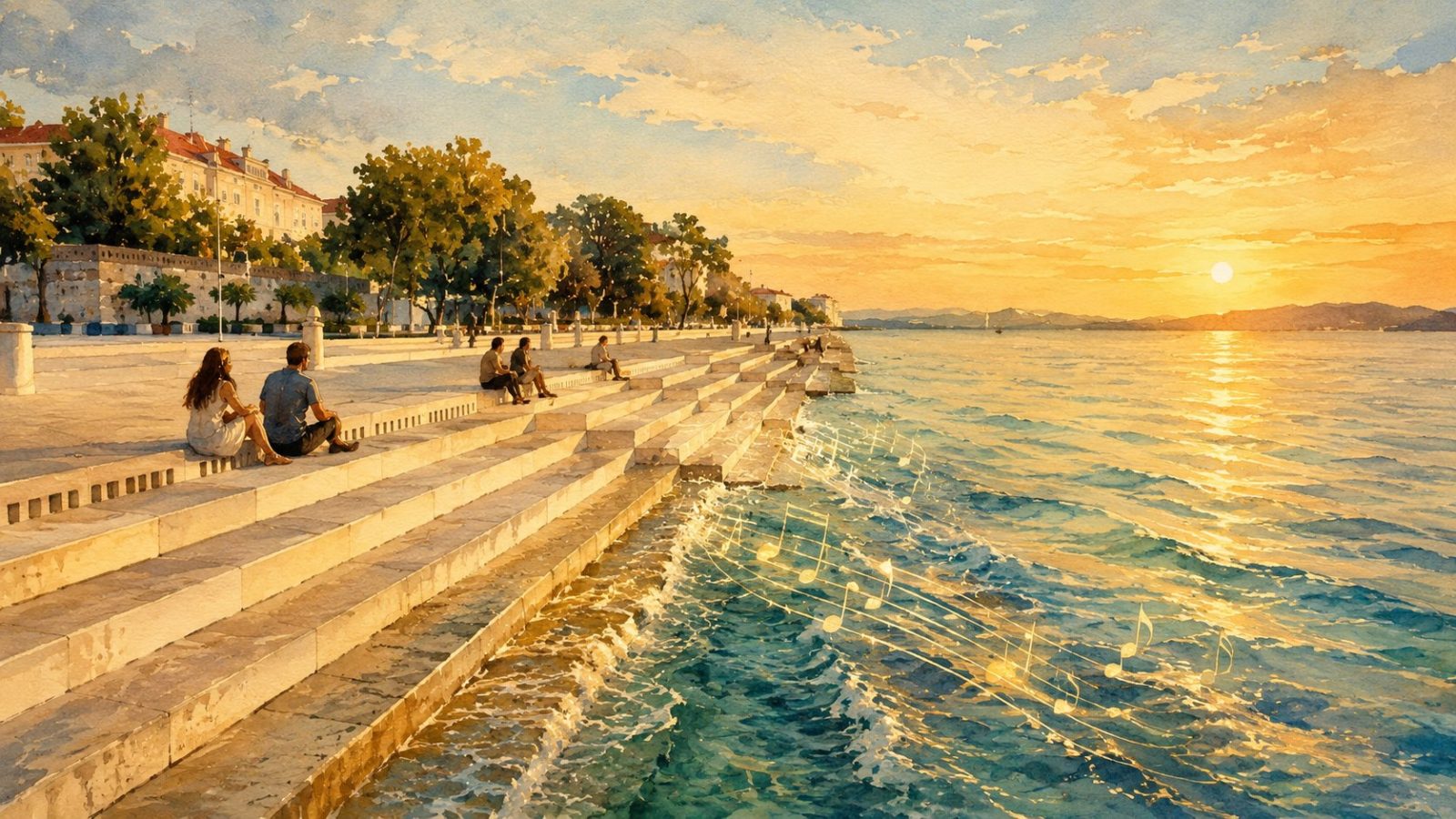 Watercolour of the Sea Organ steps in Zadar at sunset, golden light on the water and music notes rising from the waves