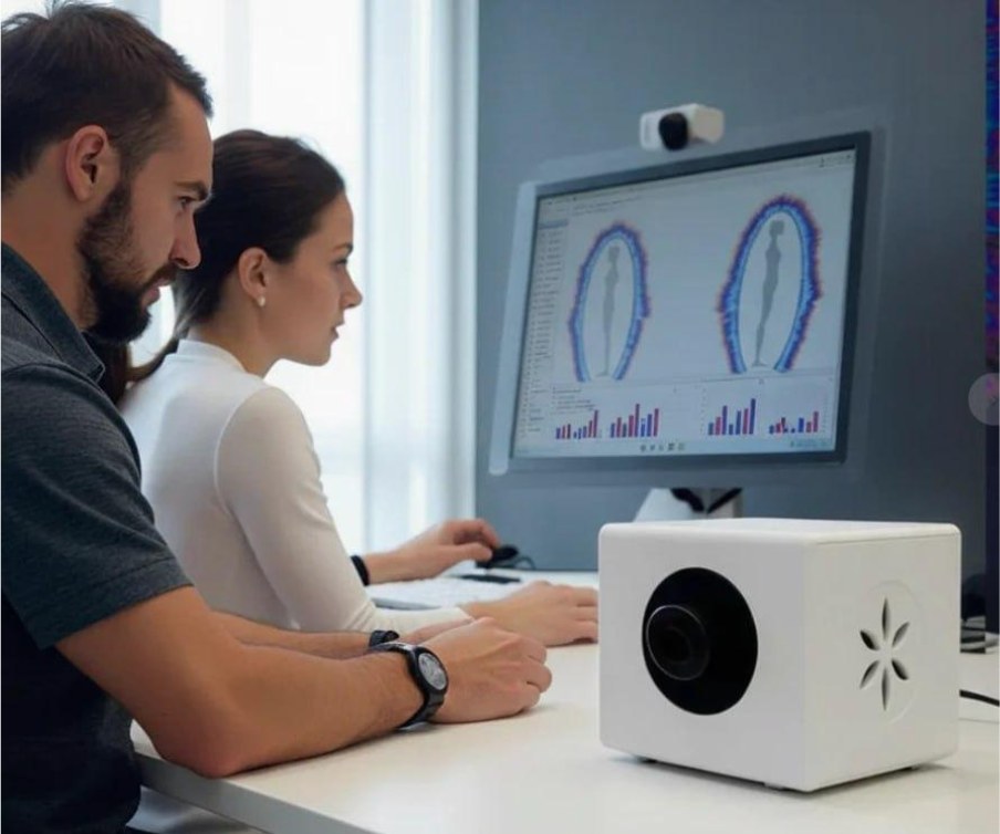 Two researchers at a desk studying energy field readings on a monitor, the white Bio-Well device in the foreground