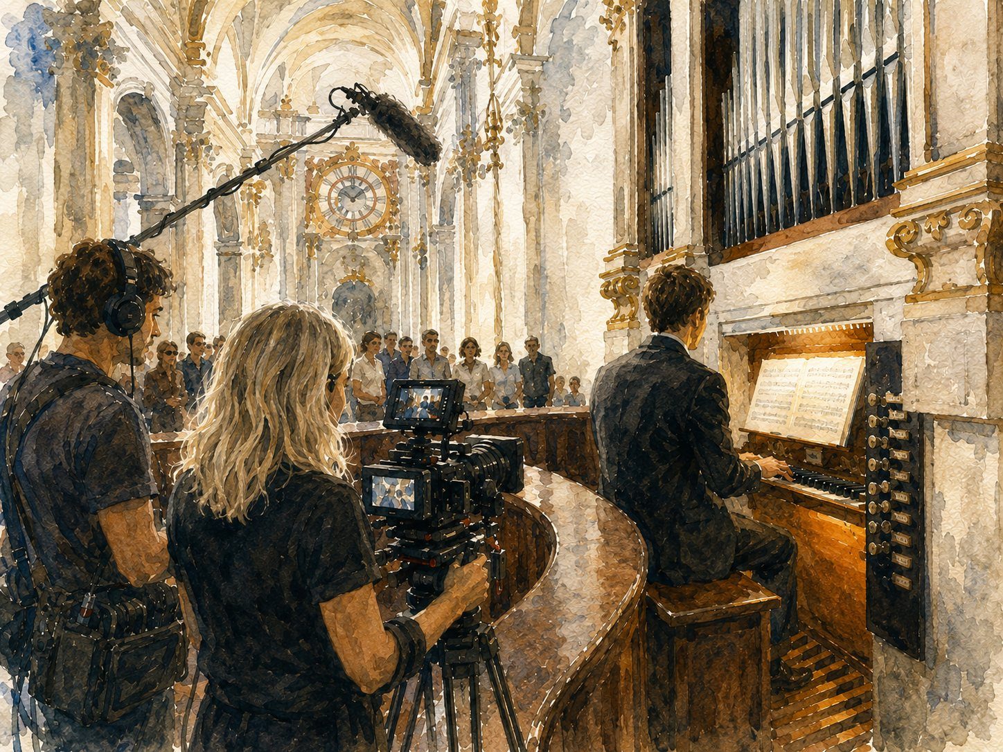 Watercolour of a two-person film crew with camera and boom microphone recording an organist at the console inside a vaulted church, listeners gathered behind them