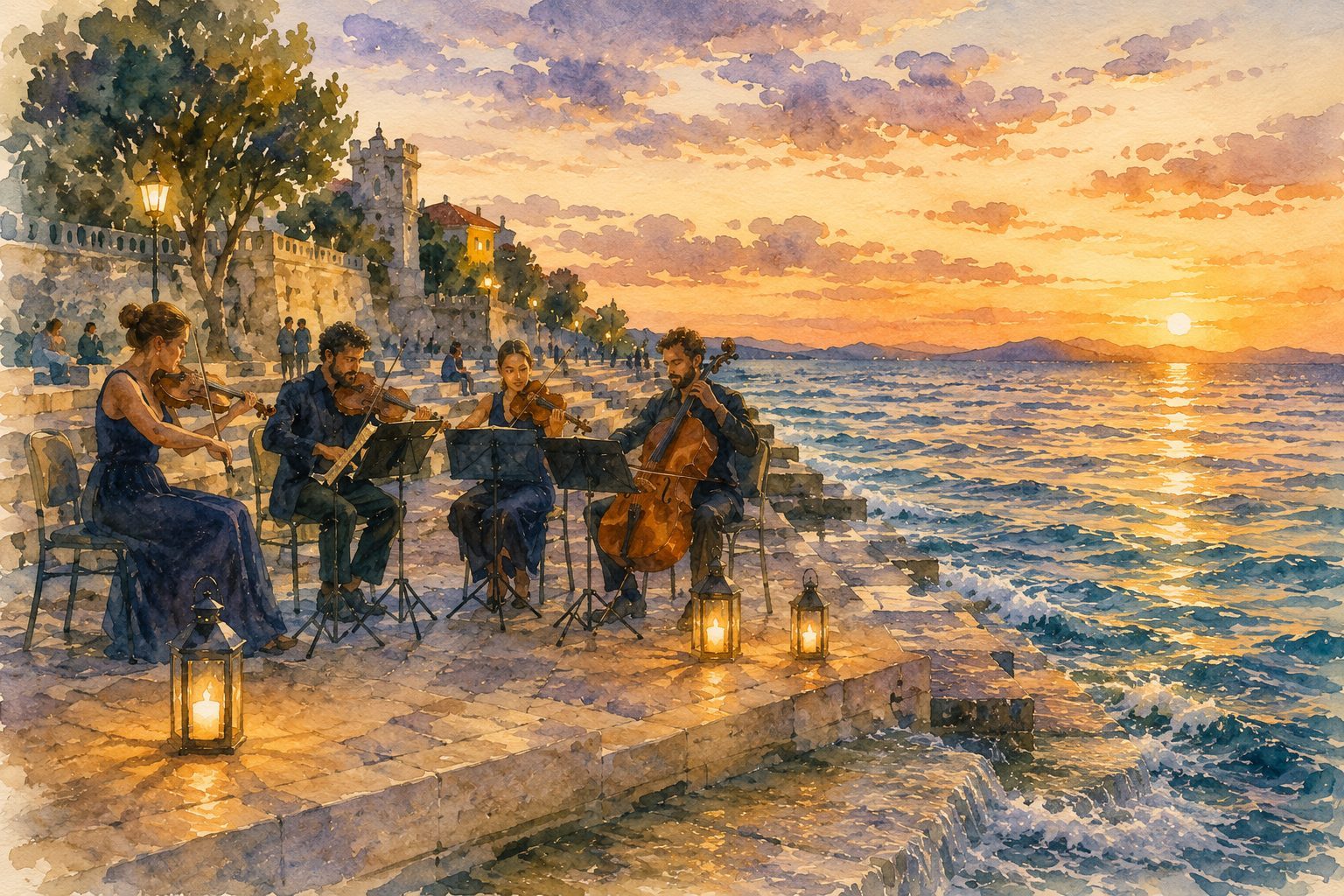 Watercolour of a string quartet playing on the Sea Organ steps at sunset, lanterns beside them and waves breaking against the stone