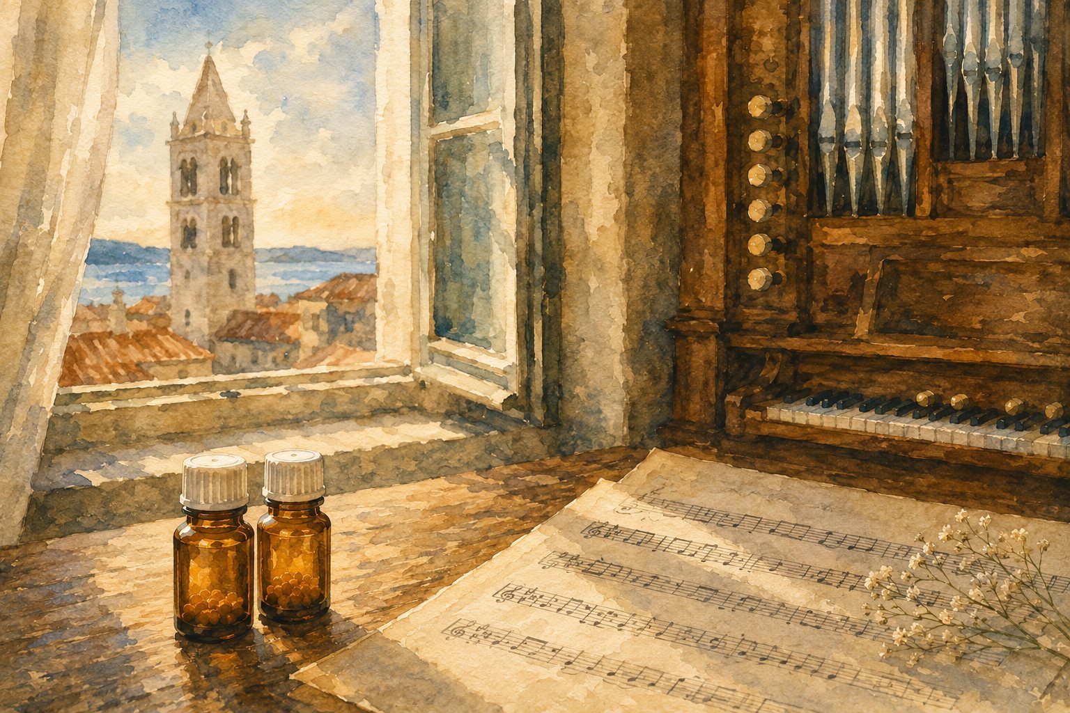 Watercolour of two amber remedy vials on a sunlit windowsill beside handwritten sheet music, a historic organ to the right and a bell tower over the sea beyond the window