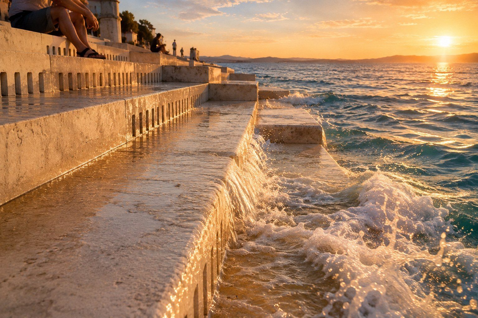Golden sunset light on the Sea Organ in Zadar as a wave spills across the stone steps and through the pipe slots, the Adriatic and distant islands beyond