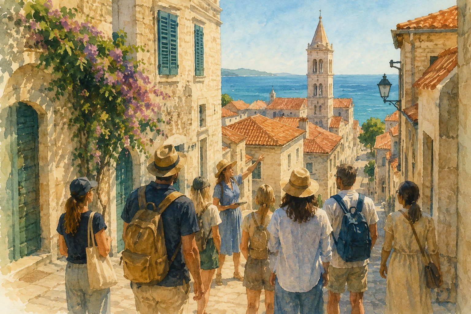 Watercolour of a guide leading a small group down a sunlit stone street in the old town, bell tower and the blue Adriatic beyond