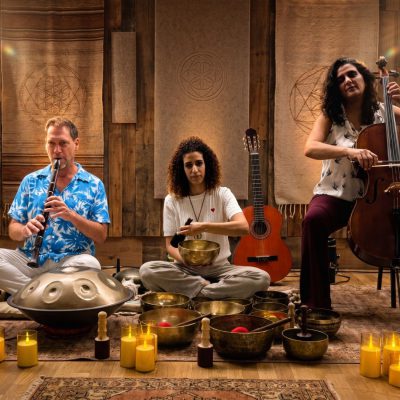 Yoram Lachish, Rinat Avisar and Dikla Messer of the Re:set Ensemble playing flute, singing bowls and cello