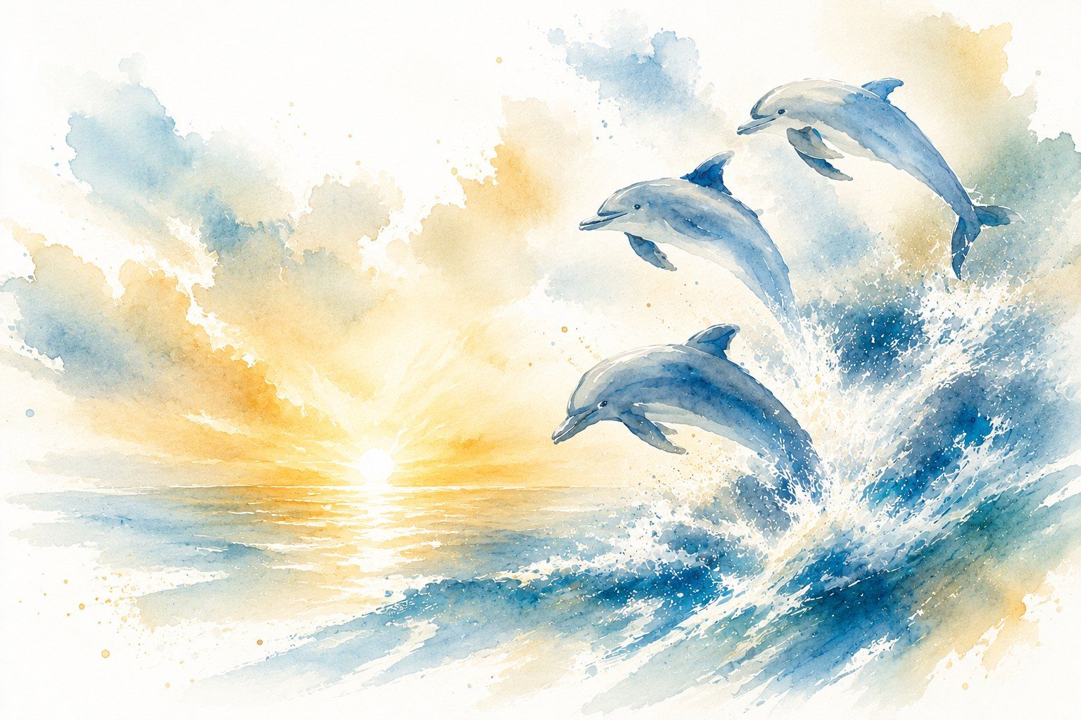 Watercolour of three dolphins leaping from a cresting wave at sunrise over the open sea