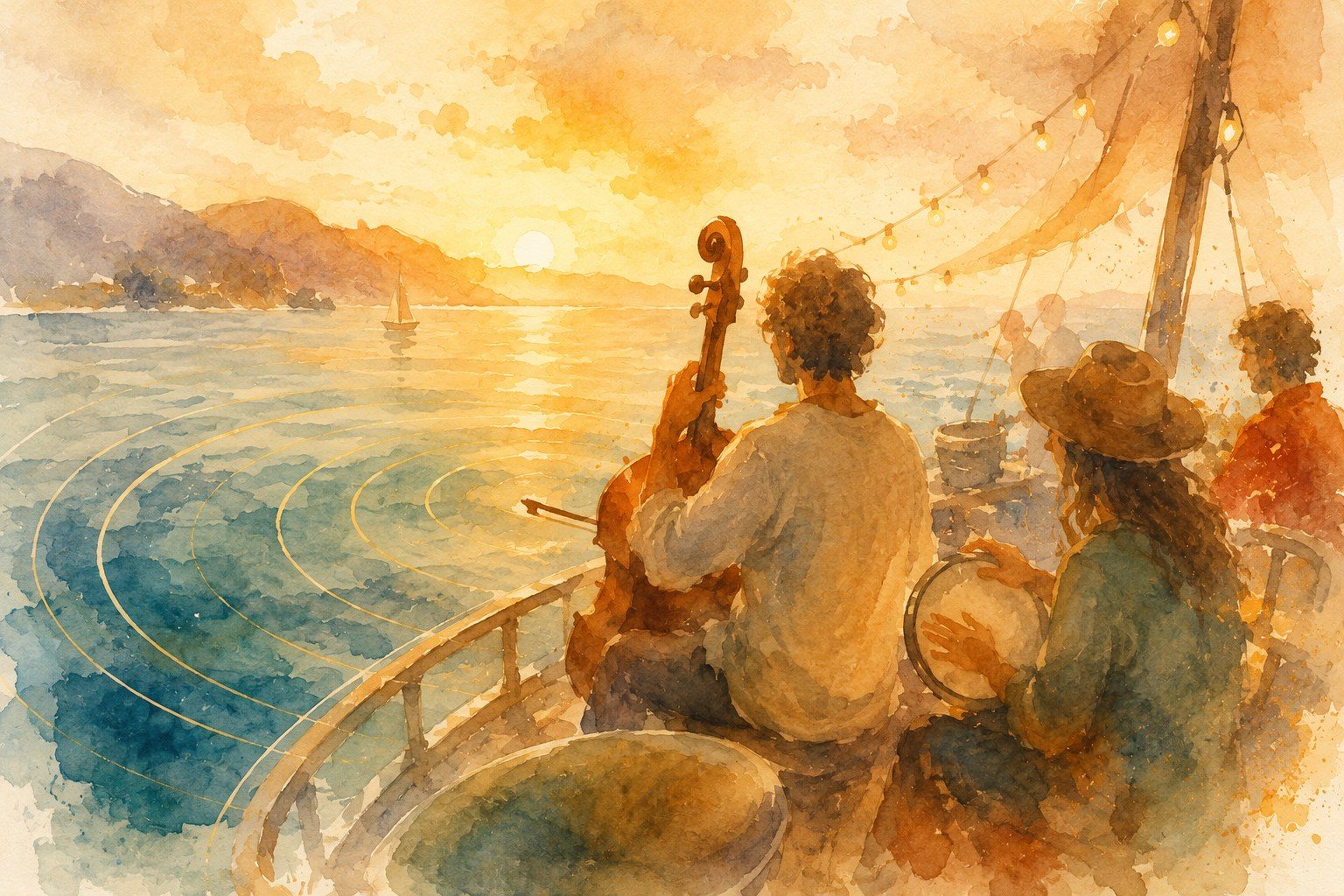 Watercolour of musicians playing at the stern of a boat at golden hour — a cellist and a drummer facing the low sun, rings of sound spreading across the water