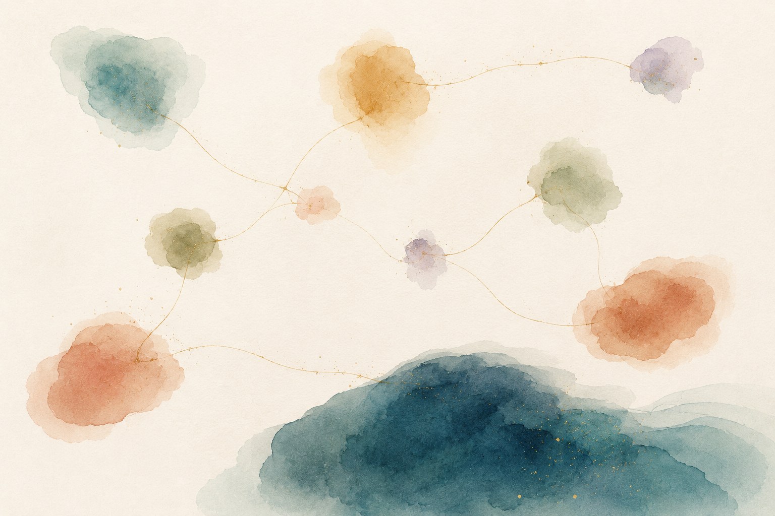 Watercolour of soft colour fields scattered across paper, joined by fine golden threads above a deep blue sea