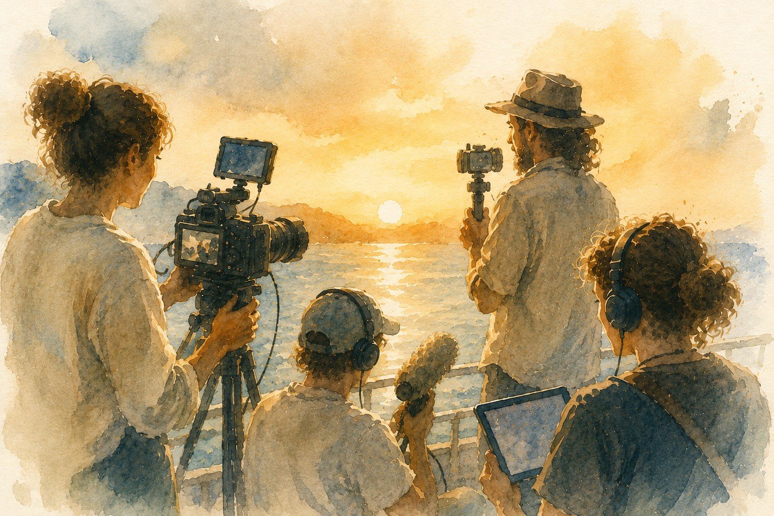 Watercolour of a small film crew at the boat rail at sunset — a camera on a tripod, a boom microphone, headphones and a tablet, all turned quietly towards the sea