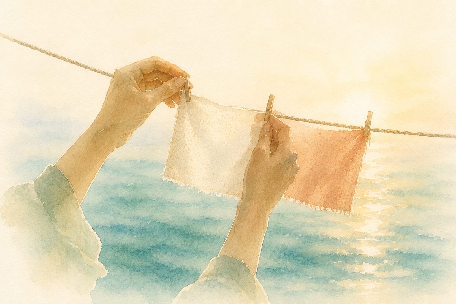 Watercolour of a single blank cloth flag hanging on a rope above the sea