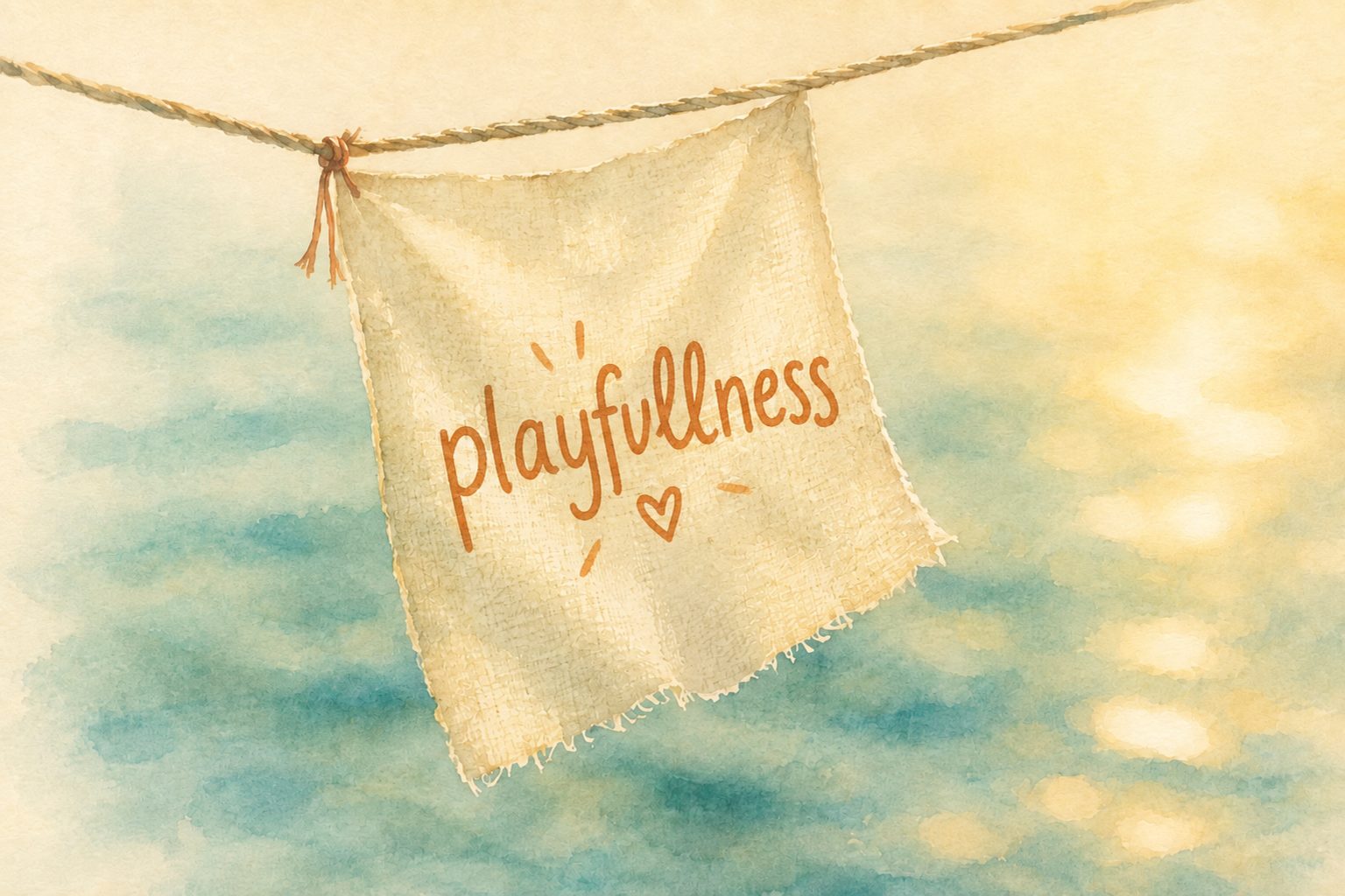 Watercolour of a cloth flag on a rope above the sea with the word playfullness written on it