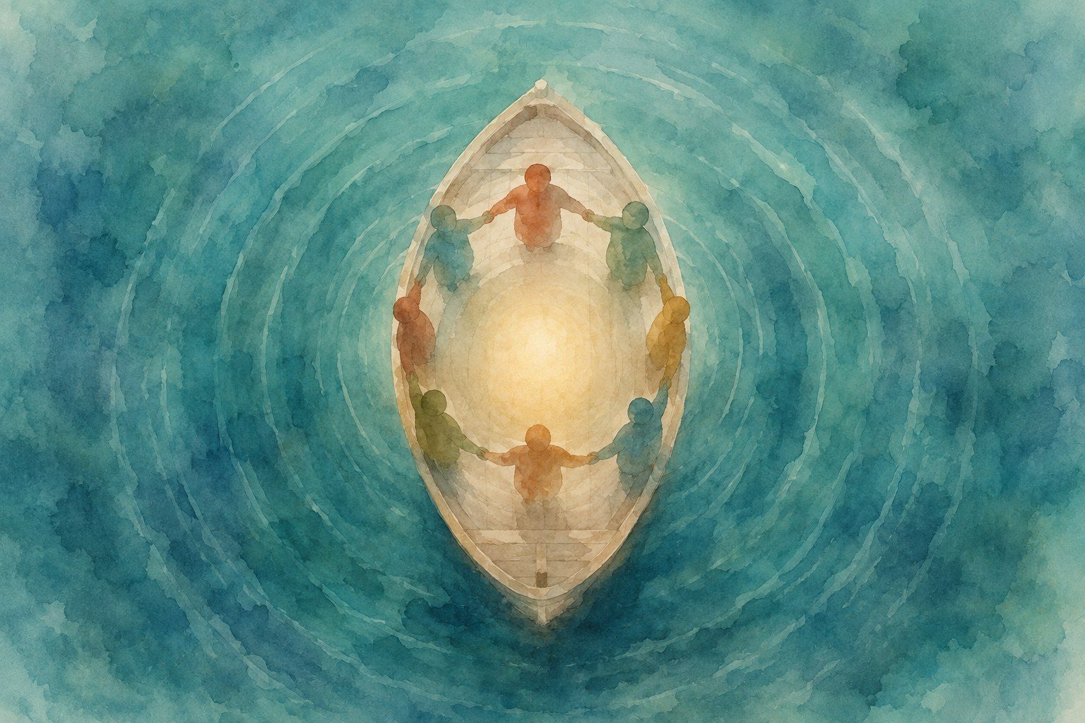 Watercolour seen from above: people holding hands in a circle inside a boat, a soft golden light at the centre, ripples widening across the water