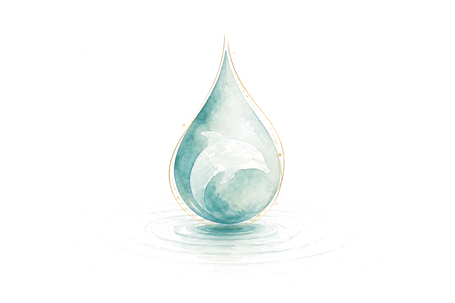 Watercolour of a dolphin held inside a single drop of water, resting on quiet ripples