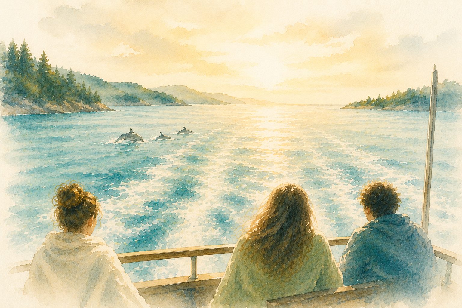 Watercolour of three people seated at the stern of a boat, looking out over the sunlit sea as dolphins move through the water ahead