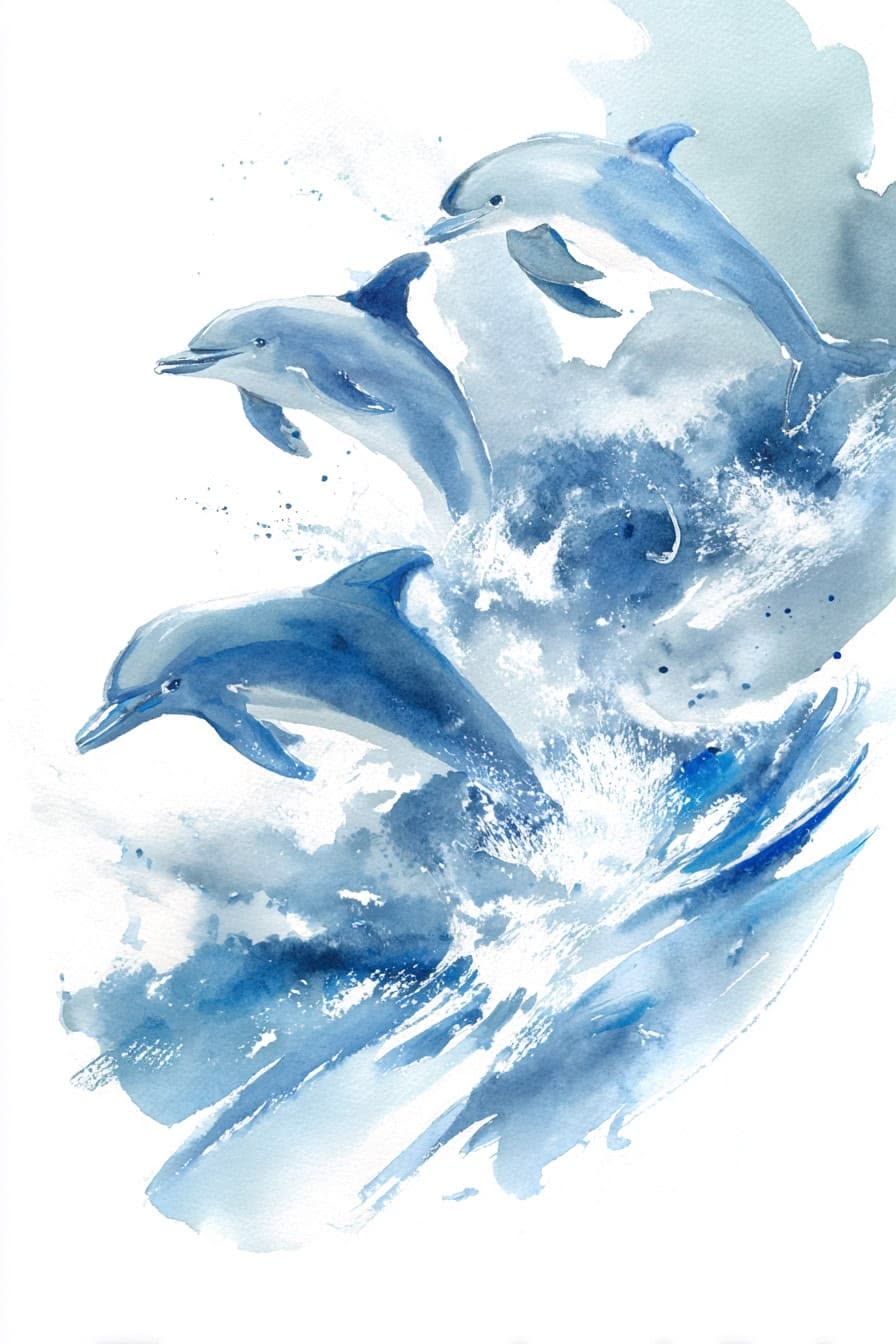 Watercolour of three dolphins leaping together through a cresting wave of blue spray