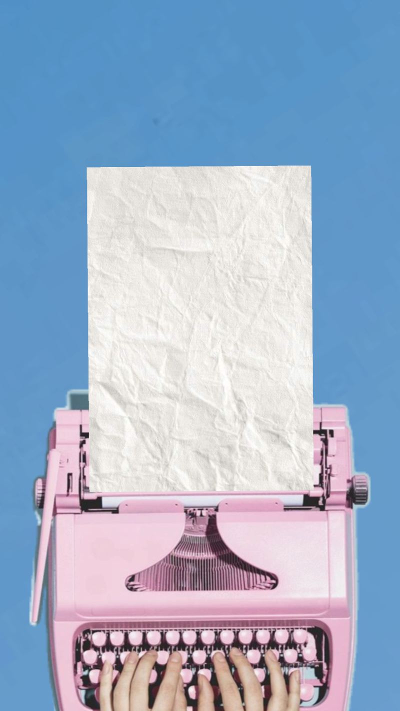 A pink typewriter with a blank sheet of paper against a blue background