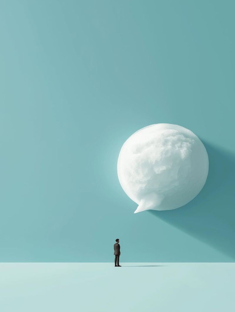 A person looking up at a large white speech bubble against a soft teal wall