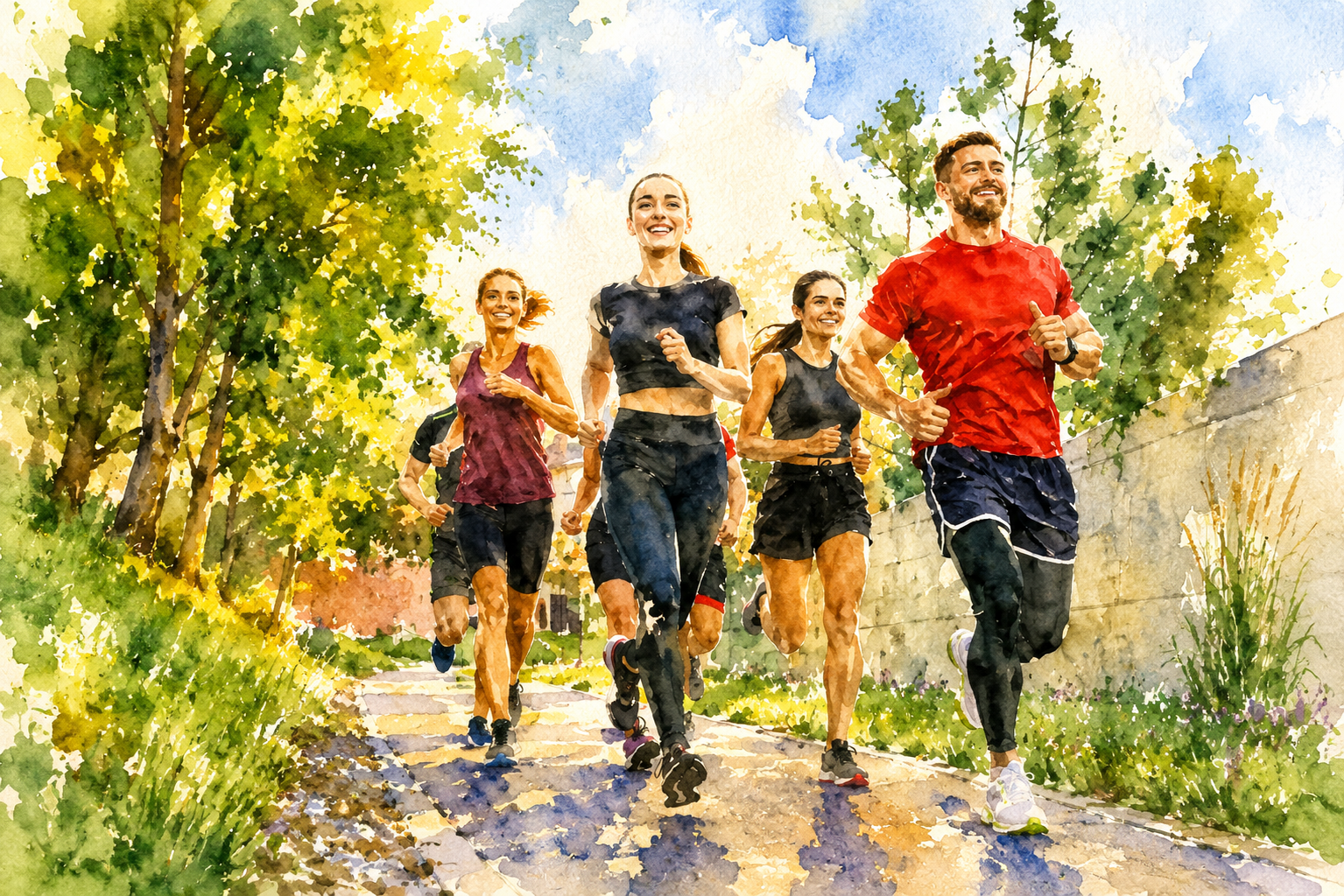 Watercolour of a group of active people running together along a sunny, tree-lined path