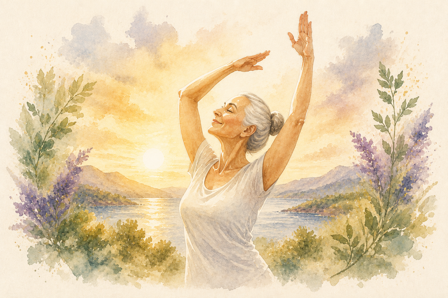 Watercolour of a silver-haired woman stretching her arms towards the morning sun over an Adriatic bay, framed by lavender and wild herbs