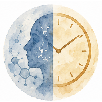 Watercolour circle: half a human profile, half a golden clock face, biological versus chronological age
