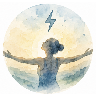 Watercolour circle: a woman opening her arms to the morning sun beneath an energy bolt