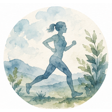 Watercolour circle: a woman running through green coastal hills