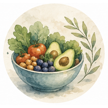 Watercolour circle: a bowl of fresh vegetables and fruit with an olive sprig