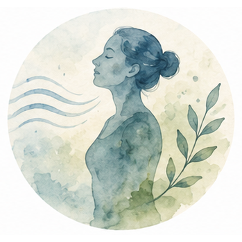 Watercolour circle: a woman breathing calmly beside flowing air and a leafy sprig
