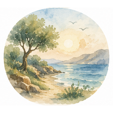 Watercolour circle: an olive tree over a sunlit cove path by the sea