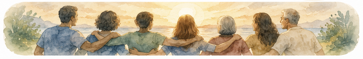 Watercolour of friends sitting arm in arm, watching the sun set over the sea