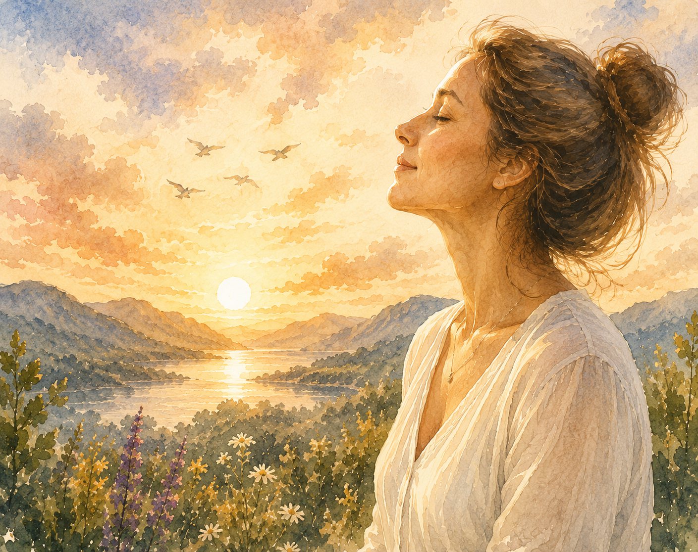 Watercolour of a woman with eyes closed lifting her face to a golden sunrise over an Adriatic bay, birds crossing the sky and wildflowers in the foreground