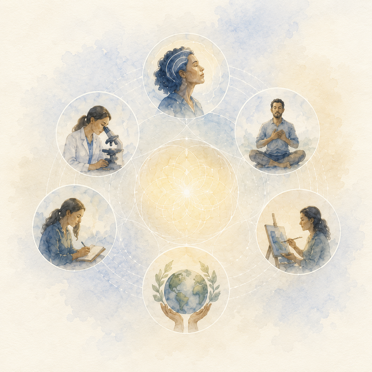 Watercolour ring of six figures — a scientist, a meditator, a writer, an artist, a seeker and hands cradling the Earth — around a luminous shared centre