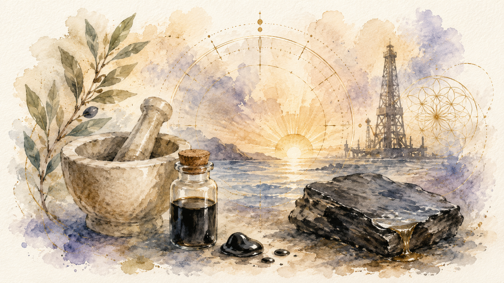 Watercolour of a mortar and pestle, a vial of dark petroleum and an oil derrick at sunrise