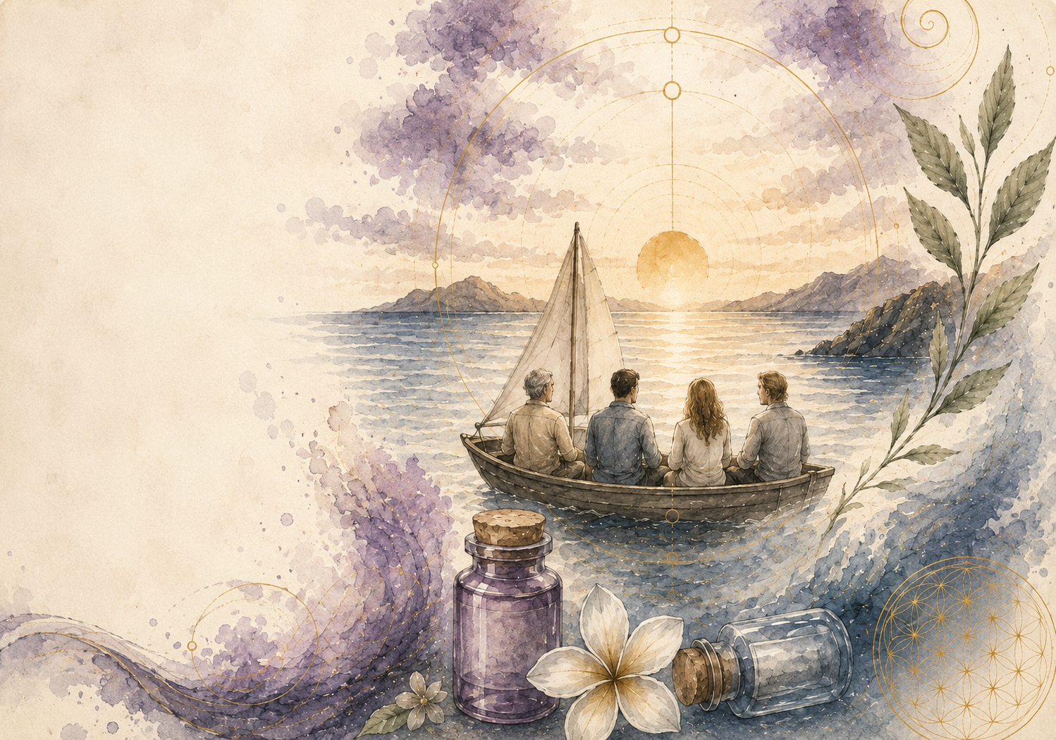 Watercolour of four people in a small sailboat gliding toward the sunset, with remedy bottles, a frangipani flower and the flower of life on the shore