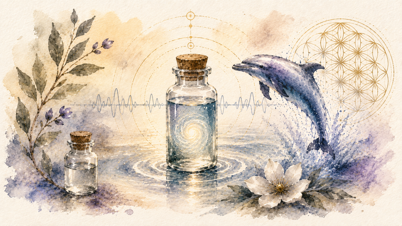 Watercolour of a leaping dolphin beside vials of water, sound waves and the flower of life