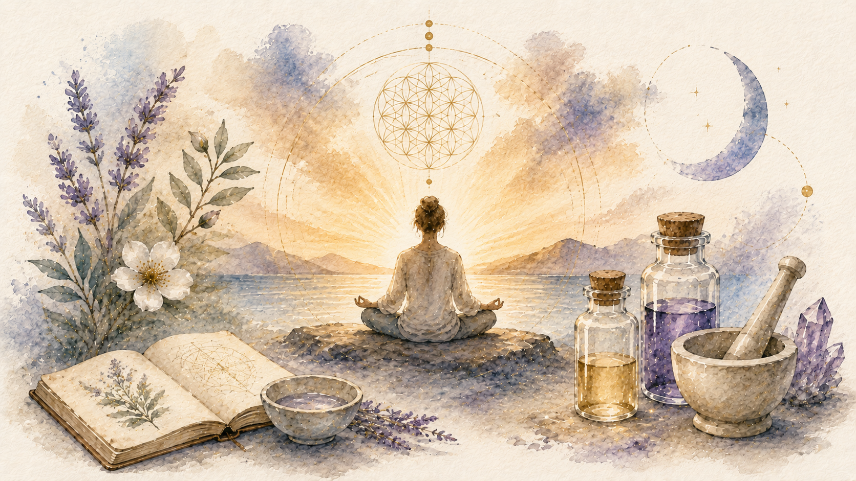 Watercolour of a person meditating by the sea at sunrise, with lavender, a remedy book and crystals
