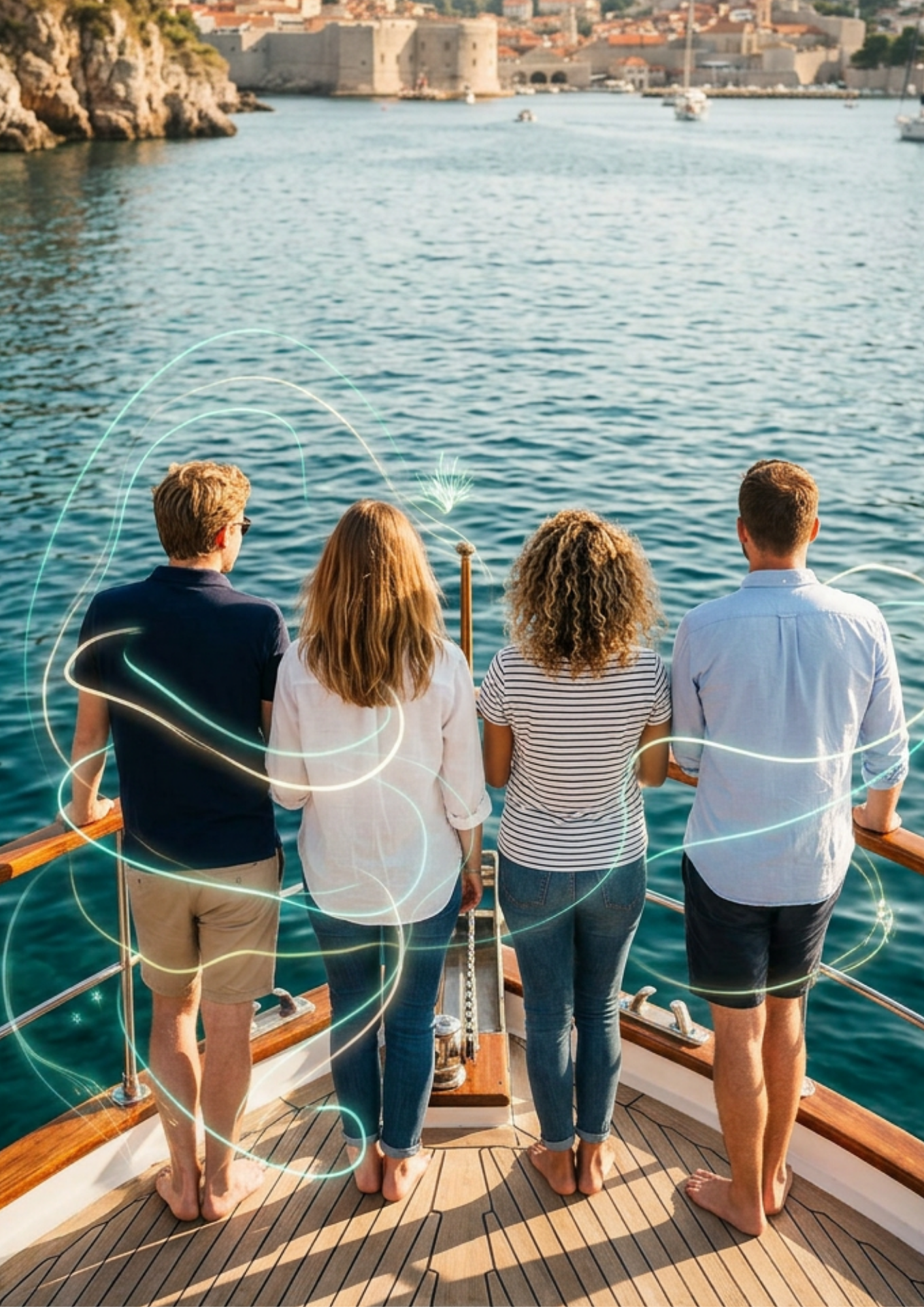 Four people standing barefoot at the bow of a boat, looking out over the Adriatic toward an old coastal town